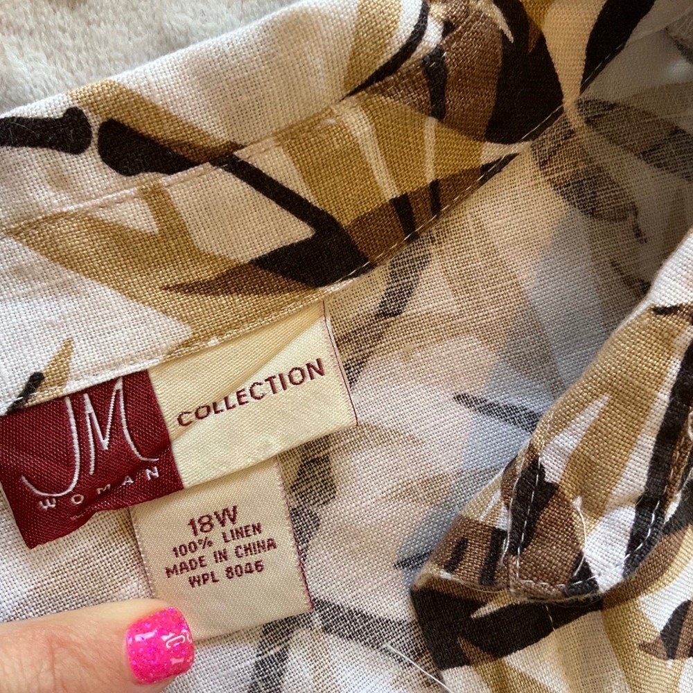 JM Collection Button Down Shirt Women 18W White Brown Linen Bamboo Leaf Print - Picture 2 of 6